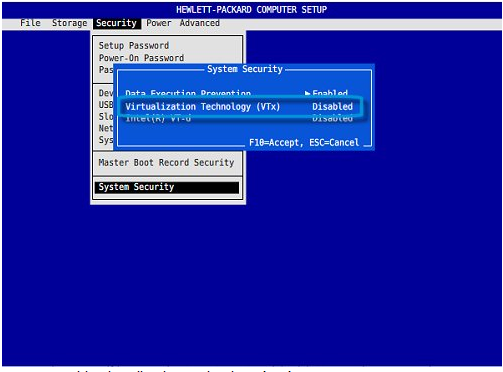Virtualization Technology selected on System Security screen