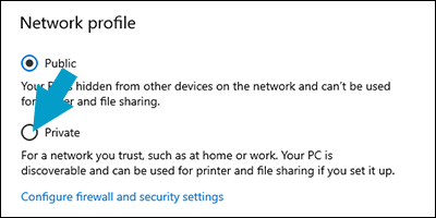 Selecting Private network profile