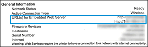 Finding the URL for Embedded Web Server on the Network Configuration Page