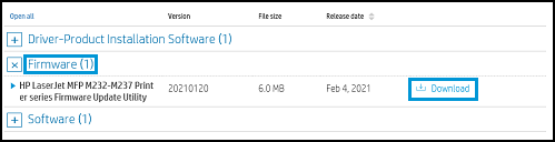 Clicking Download under the Firmware section