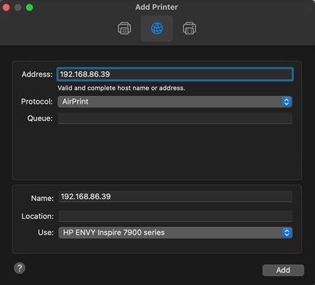 Entering the printer IP address and selecting AirPrint as the Protocol