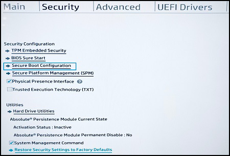 Secure Boot Configuration highlighted in Security tab