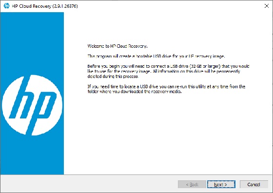 HP Cloud Recovery Download Tool welcome screen with Next highlighted