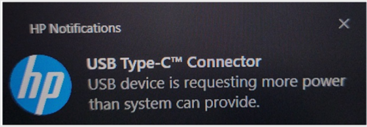 Screen shot of USB device is requesting more power than system can provide.