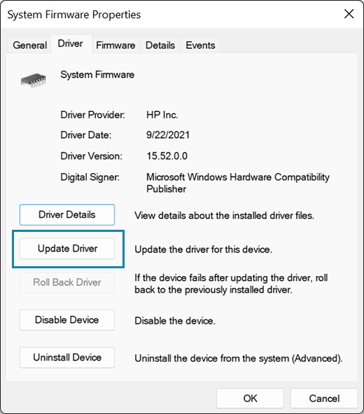 Clicking Update Driver in System Firmware Properties