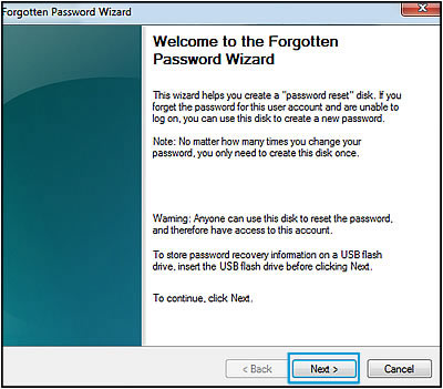 Click Next in the Forgotten Password Wizard screen