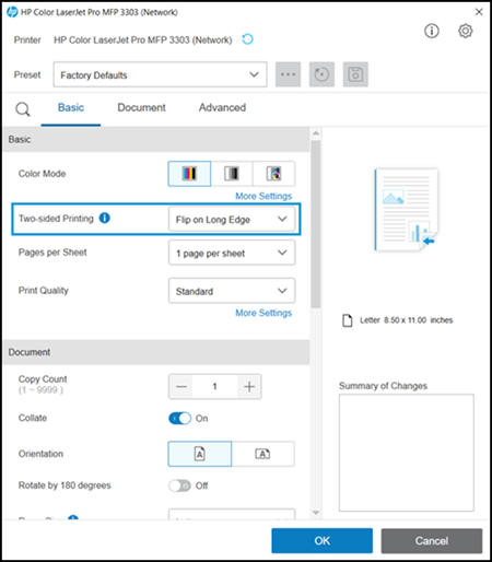 Selecting Flip on Long Edge or Flip on Short Edge