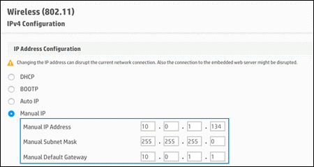 Manually setting a printer IP address in the EWS