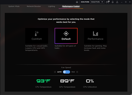 Performance Control screen set on Default