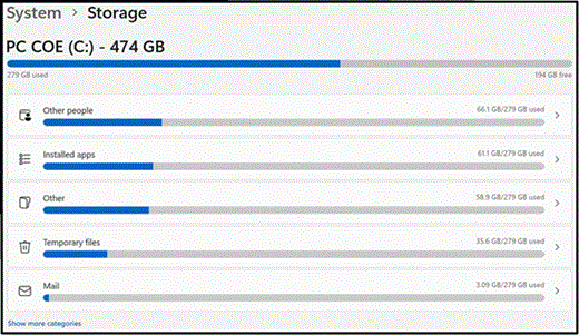 Selecting Temporary files on the Storage settings window