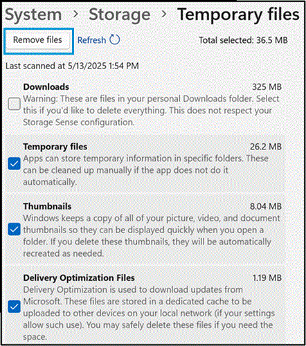 Selecting temporary files to remove from the computer