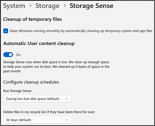 Configuring Storage Sense settings