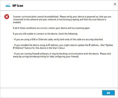 Scanner communication cannot be established error