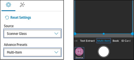 Advanced Scan Multi-Item scan setting selected in the HP app