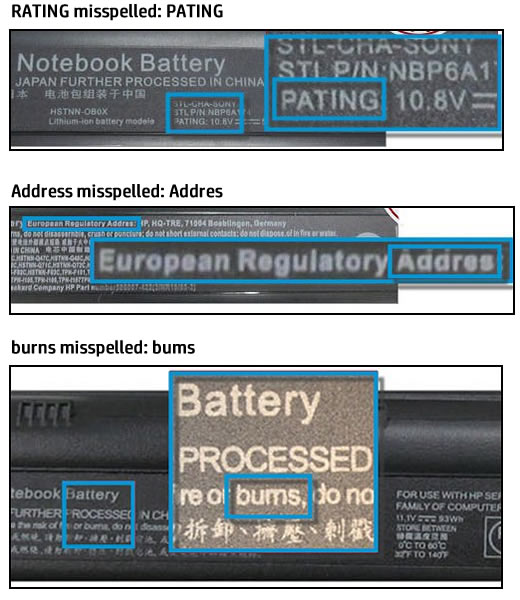 Misspelled words on labels: PATING for RATING, Addres for Address, and bums for burns