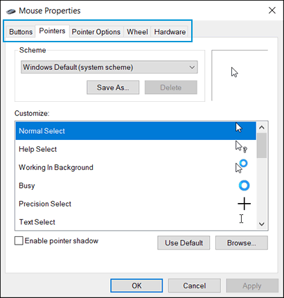 Locating the tabs to change mouse settings