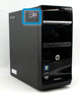 Locating the product information label on the side of an HP desktop computer