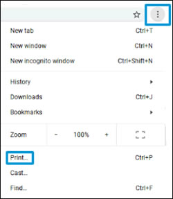 Clicking the Chrome settings icon, and then selecting Print