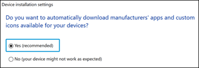 Allowing Windows to download manufacturer drivers