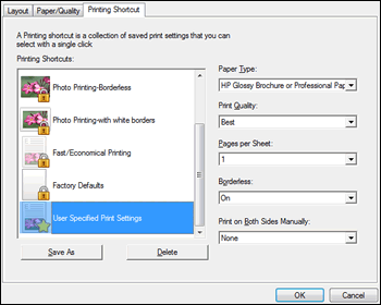 Selecting the User Specified Print Settings shortcut