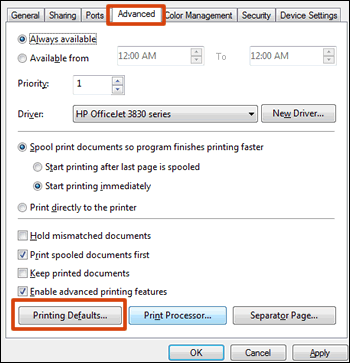 Clicking Printing Defaults on the Advanced tab of the Printer Properties window