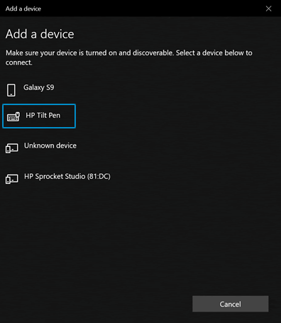 In Add a device selecting HP Tilt Pen