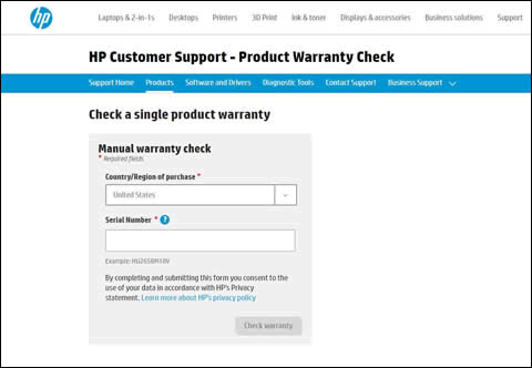 The HP Product Warranty Check webpage displaying the country/region of purchase and serial number entry fields