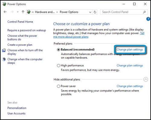 Change plan settings highlighted