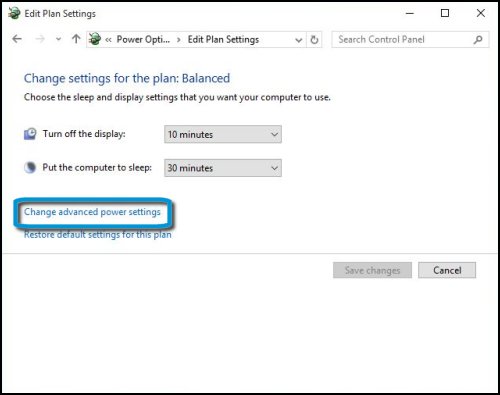 Display and sleep settings with Change advanced power settings highlighted