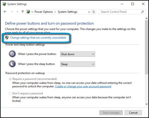 Power Options System Settings with Change settings that are currently unavailable highlighted