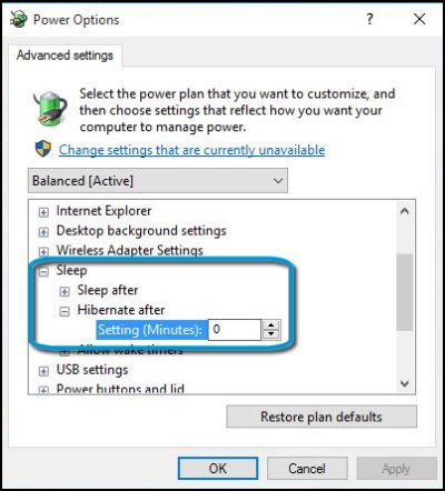 Hibernate after option selected in Power Options