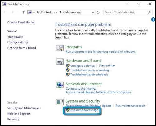 Troubleshoot computer problems with Improve power usage highlighted