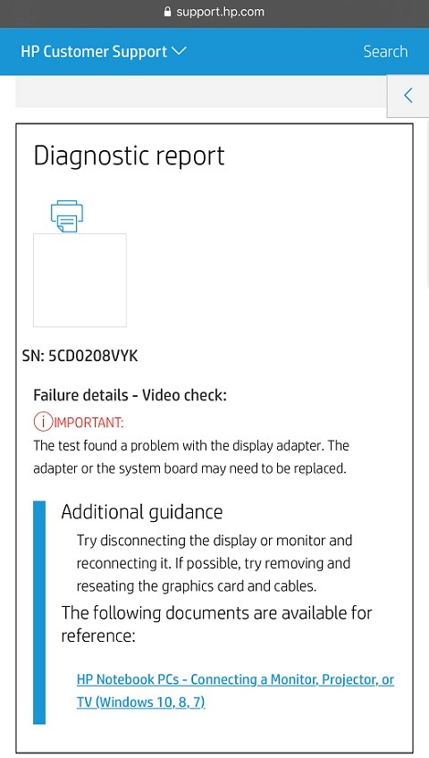 An example of a Failure ID code on a mobile device