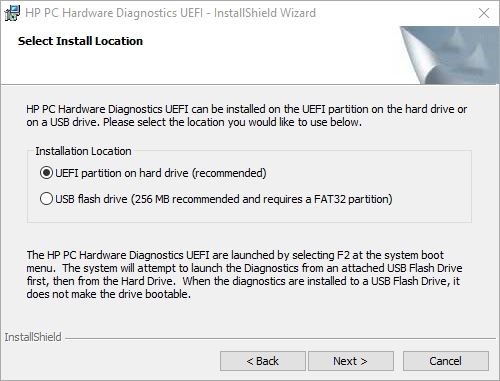 HP PC Hardware Diagnostics UEFI installation location