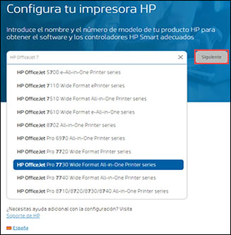 Seleccionar un modelo de impresora en la lista desplegable y hacer clic en Siguiente