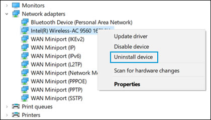 Uninstalling the wireless driver with Device Manager