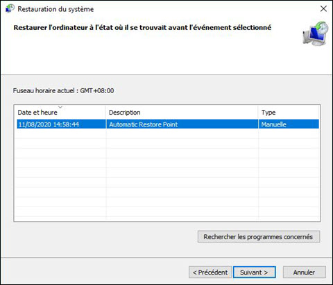 Sélection d'un point de restauration