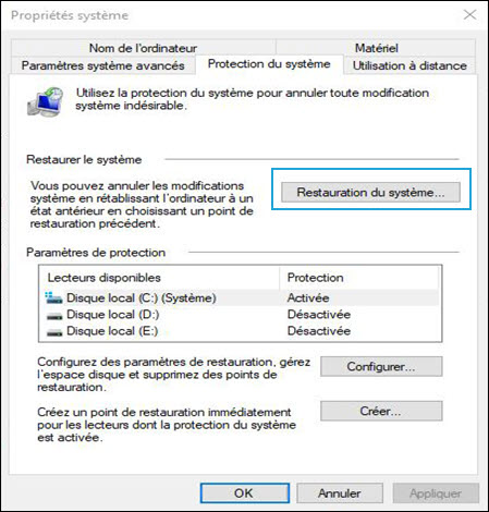 Sélection de Restauration du système dans la fenêtre Propriétés système