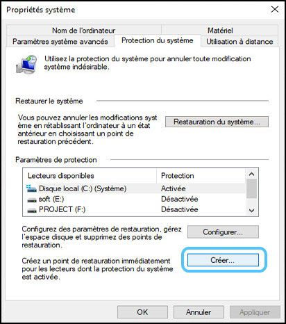 Clic sur Créer dans la fenêtre Propriétés système