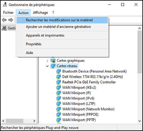 Sélection de Rechercher les modifications sur le matériel