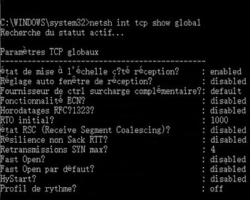 Désactivation des paramètres TCP globaux à l'exception de l'état de mise à l'échelle côté réception