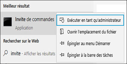 Sélection d'une invite de commandes en tant qu'administrateur