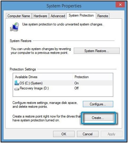 Clicking Create to create a restore point