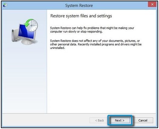 Clicking Next in the System Restore window