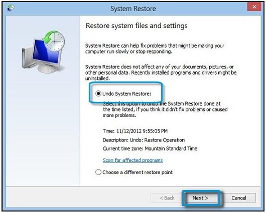 Selecting Undo System Restore