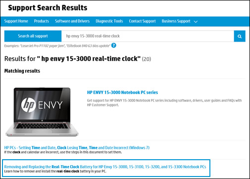 Exemplo de resultados de pesquisa no Suporte ao cliente HP