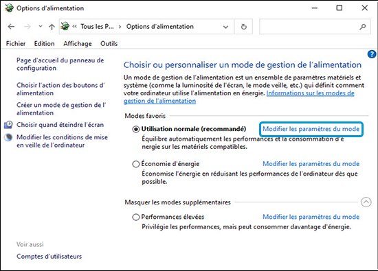 Option Modifier les paramètres du mode en surbrillance