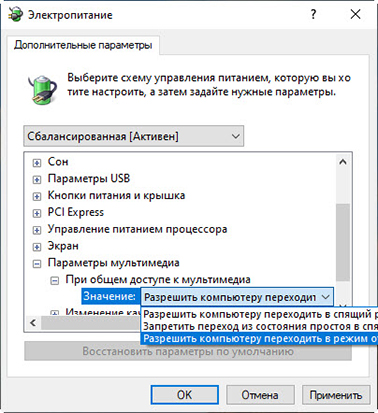 Выбранный пункт Разрешить компьютеру переходить в режим отсутствия