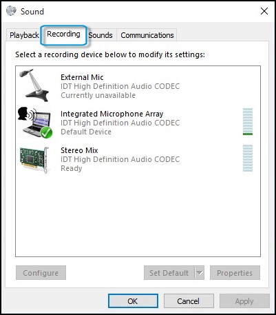 Recording tab in the Sound window