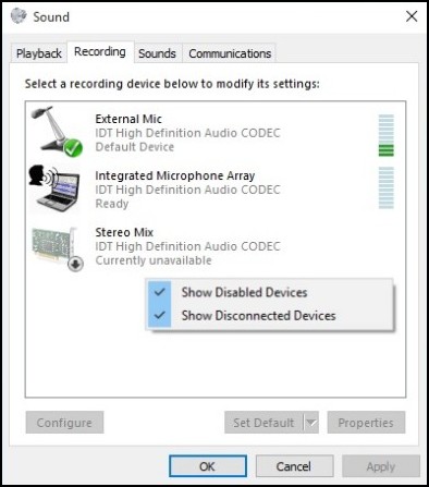 Disabled and disconnected devices shown in the Sound window